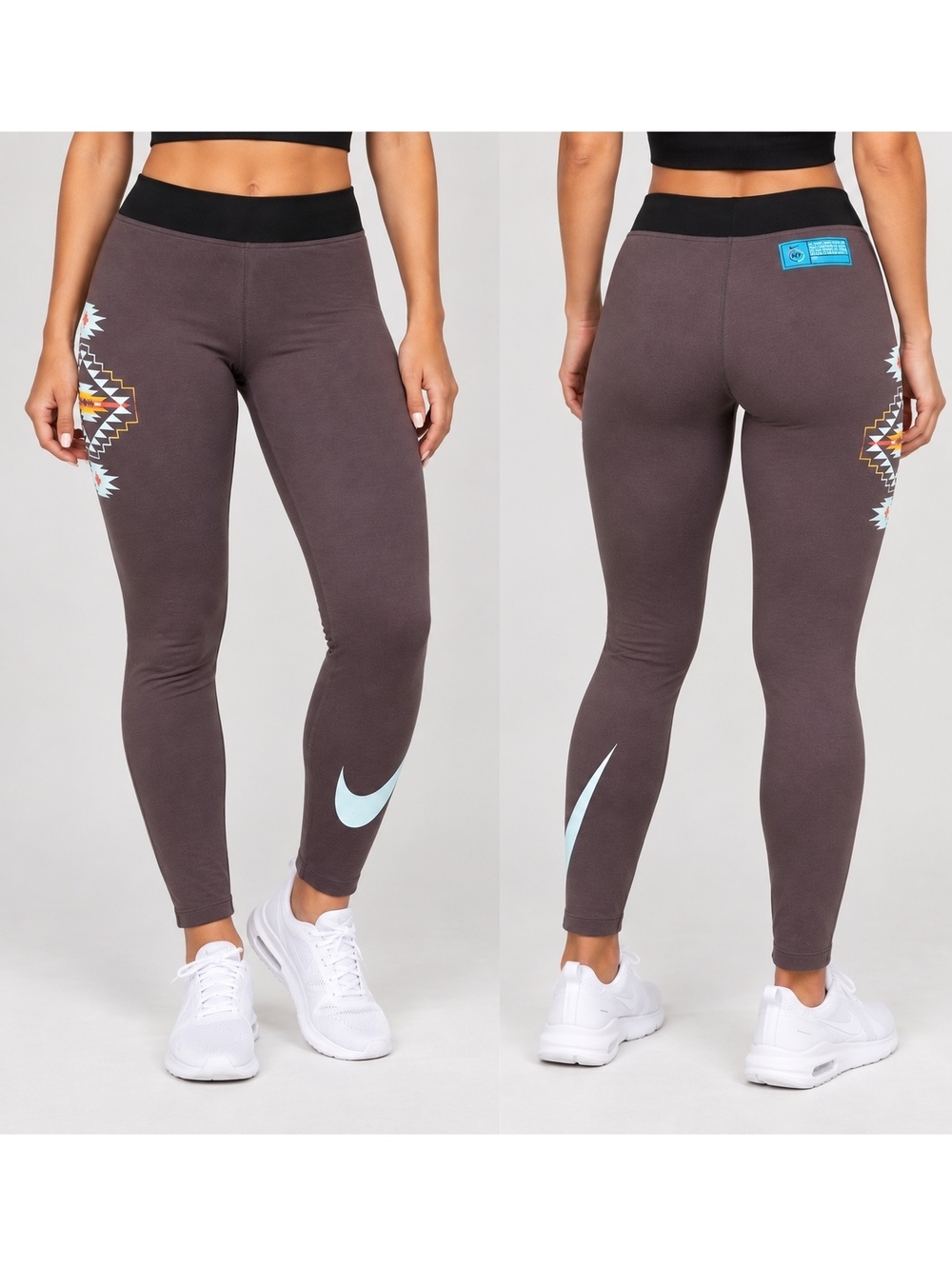 Nike N7 Women’s XL Graphic Leggings Brown Blue Geometric Swoosh Cotton Blend